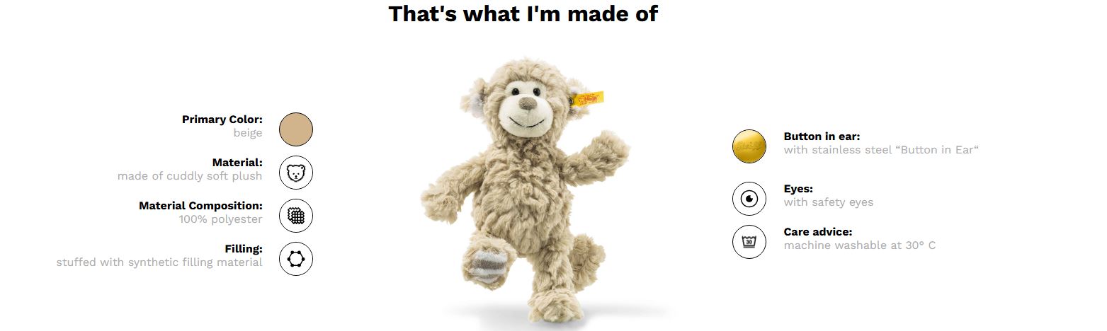 Stuffed monkey toy with material composition details on a white background