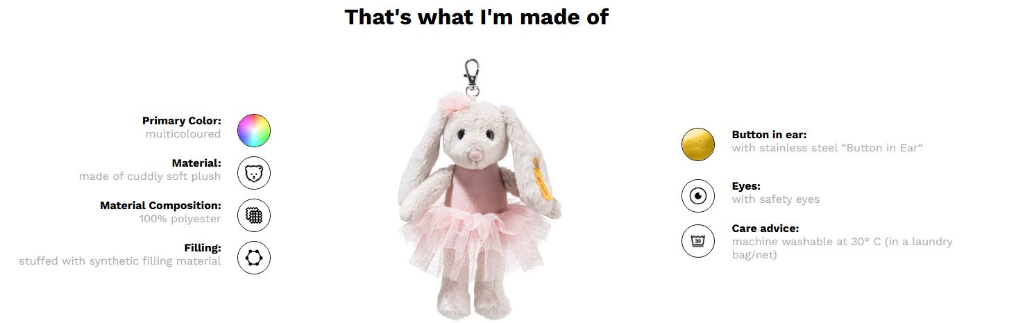 Product details of a plush toy with a button in its ear on a white background