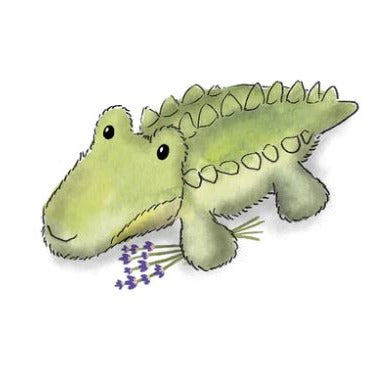 A watercolour sketch of the Warmies Alligator holding fresh cut lavender 