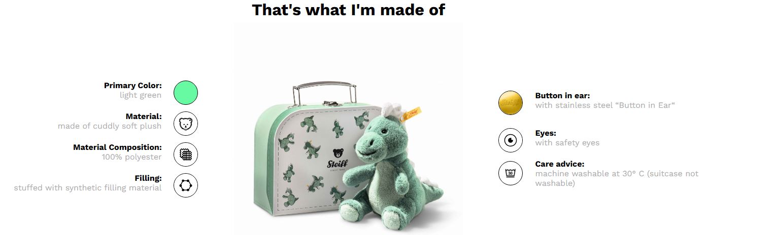Dinosaur toy with a suitcase labeled 'That's what I'm made of' on a white background