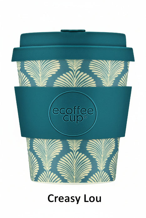 Reusable coffee cup with palm leaf pattern and blue lid on a white background
