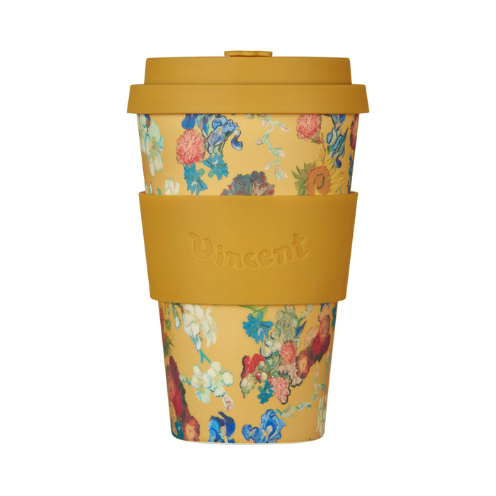 Reusable cup with floral design and yellow lid on a white background