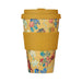 Reusable cup with floral design and yellow lid on a white background