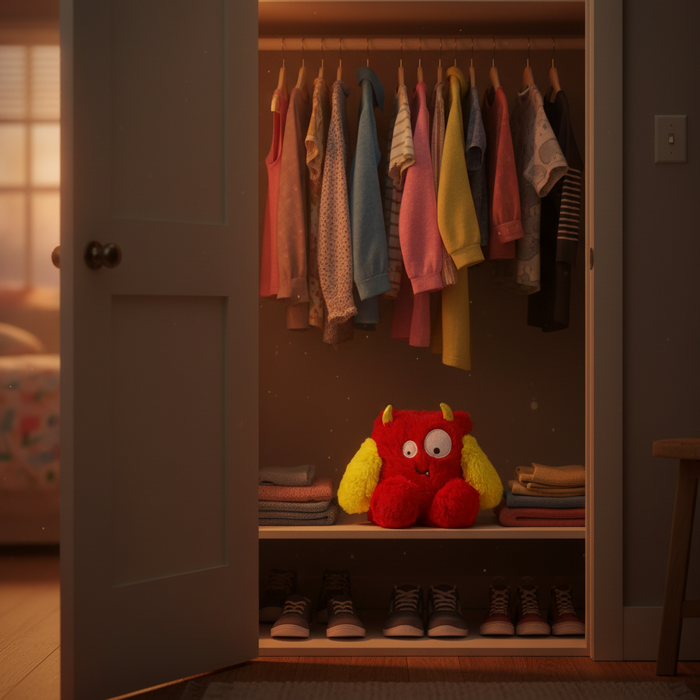 Red plush toy with yellow wings and horns on a white background