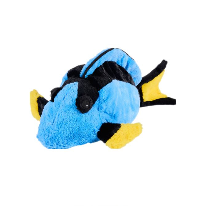 A plush toy resembling a blue tang fish with a predominantly blue body, black and yellow accents.