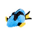 A plush toy resembling a blue tang fish with a predominantly blue body, black and yellow accents.
