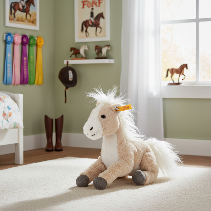 Plush horse toy in a child's room with a window and wall decorations.