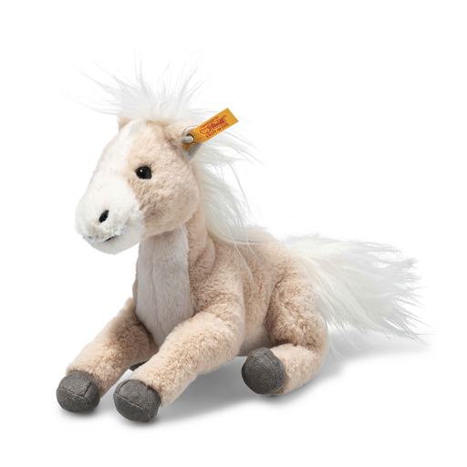 Plush horse toy with a visible brand tag on a white background