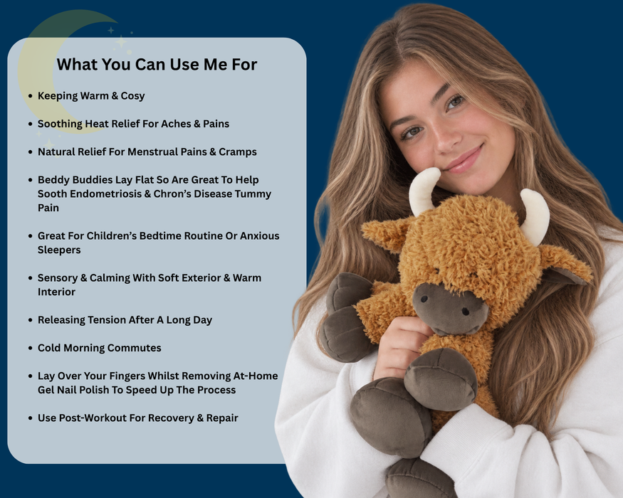 Beddy Buddies Highland Cow Microwaveable Flaxseed Heat Pack Soft Toy