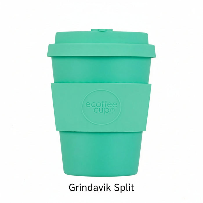 Turquoise reusable coffee cup with 'ecoffee cup' logo on a white background