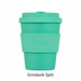 Turquoise reusable coffee cup with 'ecoffee cup' logo on a white background