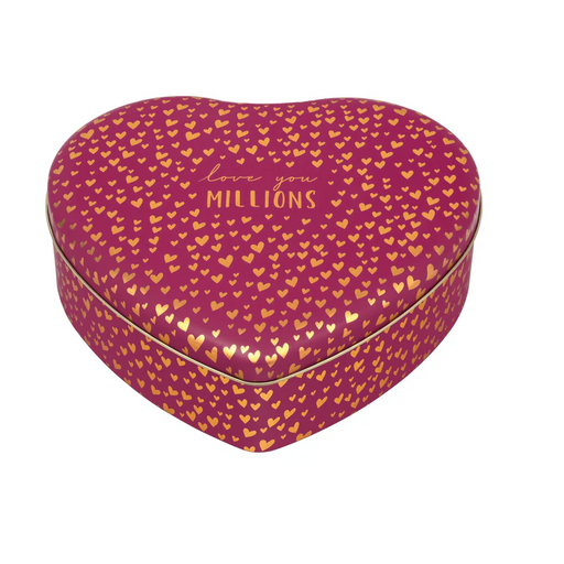 Heart-shaped tin box with gold heart pattern and 'love you millions' text on a white background