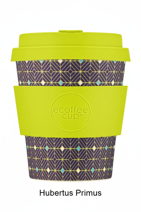 Reusable coffee cup with geometric pattern and lime green lid and sleeve on a white background