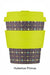Reusable coffee cup with geometric pattern and lime green lid and sleeve on a white background