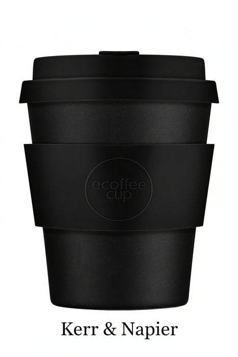 Black reusable coffee cup with 'ecoffee cup' branding on a white background