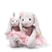 Two plush toys, one with a keychain and the other in a pink tutu, on a white background.