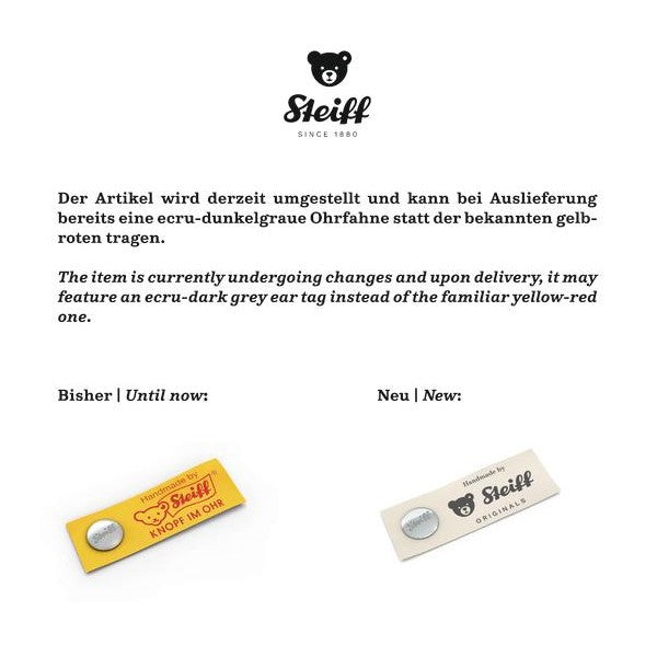 Steiff ear tag change announcement with old and new designs on a white background
