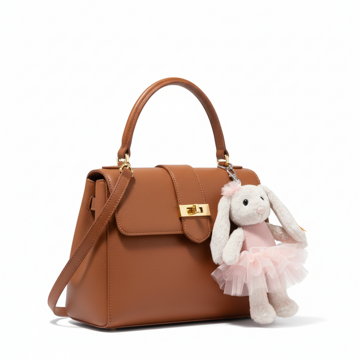 Brown handbag with a plush bunny toy attached on a white background