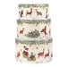 Set of three decorative Christmas-themed cylindrical boxes with reindeer and Santa Claus designs.