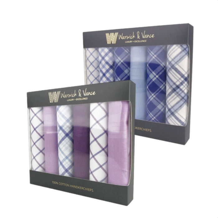 Warwick & Vance Men's Blue Or Purple Check Cotton Handkerchiefs 6 Pack