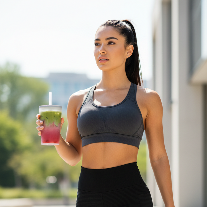 A woman in a dark gray sports bra and black leggings walking outdoors while holding a pink drink.