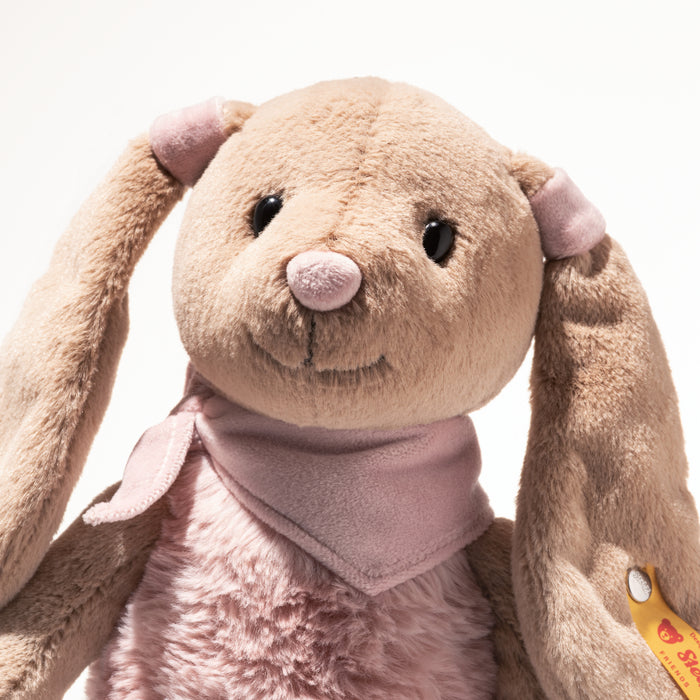 Plush toy rabbit with pink scarf on a white background