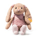 Plush toy rabbit with pink body and beige ears on a white background