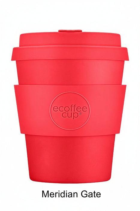 Red reusable coffee cup with 'ecoffee cup' logo on a white background