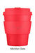 Red reusable coffee cup with 'ecoffee cup' logo on a white background