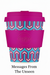 Reusable coffee cup with pink lid and geometric pattern on a white background