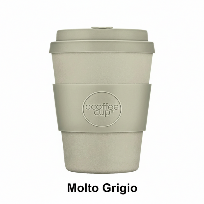 Sustainable beige coffee cup with 'ecoffee cup' logo on a white background
