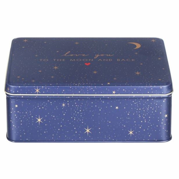 Blue tin box with star pattern and 'love you to the moon and back' text on a white background