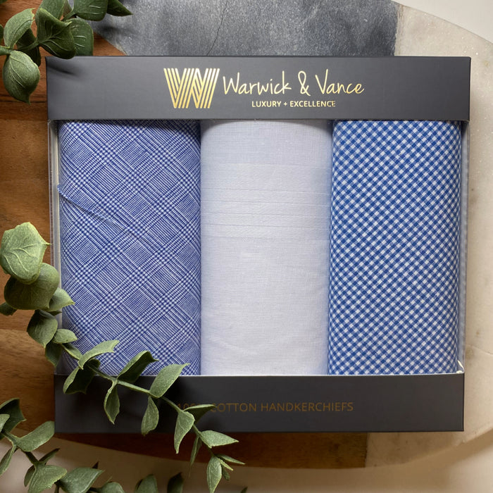 Warwick & Vance Men's 100% Cotton Blue Check Handkerchiefs 3 Pack