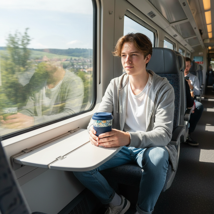 Person sitting on a train holding a blue mug, looking out the window with a scenic view outside.