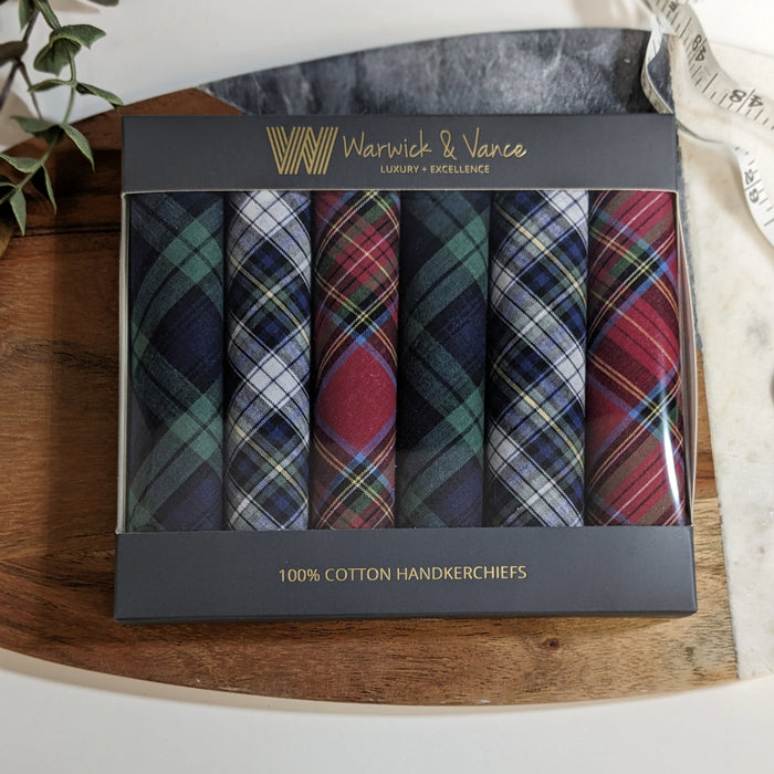 Warwick & Vance Men's 100% Cotton Tartan Check Handkerchiefs 6 Pack