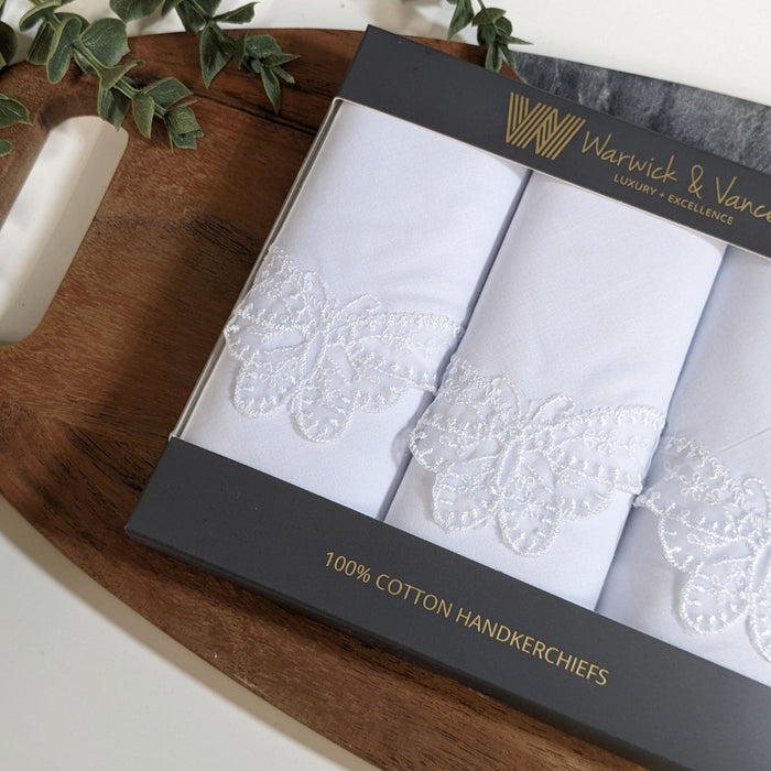 Warwick & Vance Women's 100% Cotton White Lace Butterfly Handkerchiefs 3 Pack