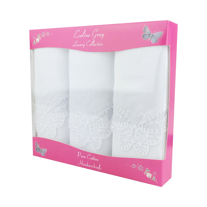 Spence Bryson Ladies White Butterfly Lace Corner Handkerchiefs 3 Pack