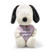 Stuffed dog toy with a heart-shaped 'Heart Breakers Club' pillow on a white background
