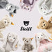Collection of Steiff plush toys on a light background with the Steiff logo.