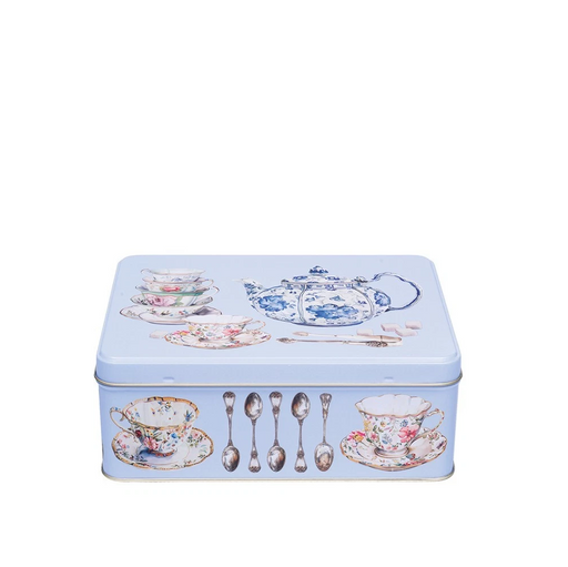 Decorative tea tin with illustrations of teacups, saucers, and spoons on a light blue background.