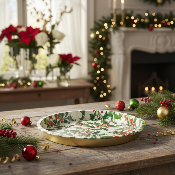 Decorative tray with holly design on a festive table with Christmas decorations.
