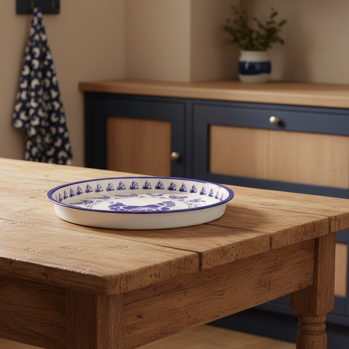 Wooden table with a decorative plate in a kitchen setting