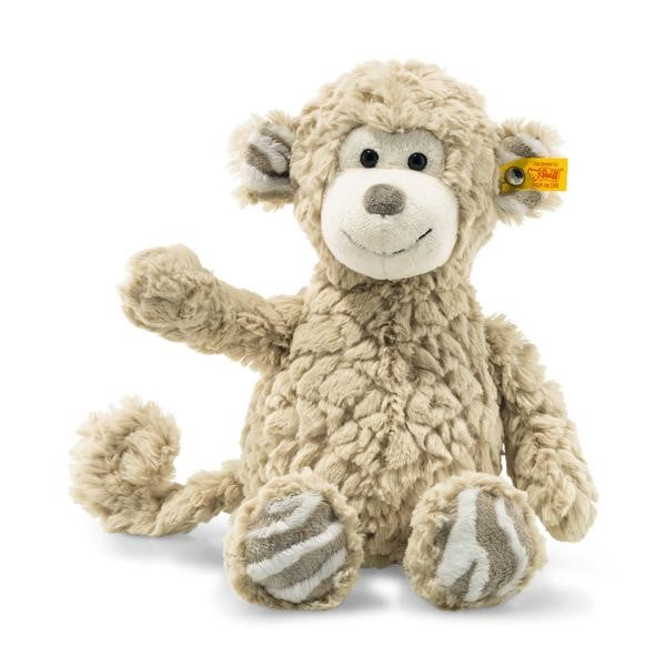 Plush monkey toy with a visible brand tag on a white background