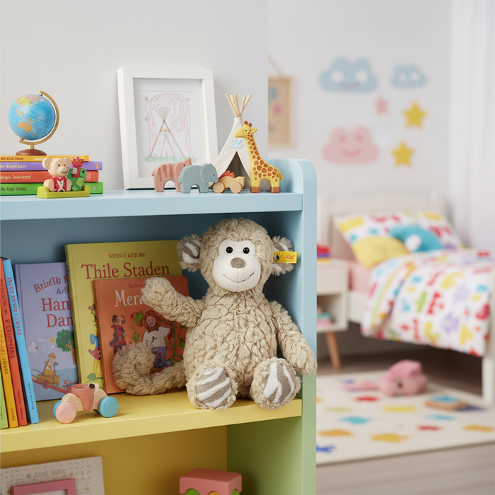 Children's room with a colorful bookshelf, teddy bear, and books.