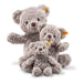 Three plush teddy bears of different sizes on a white background