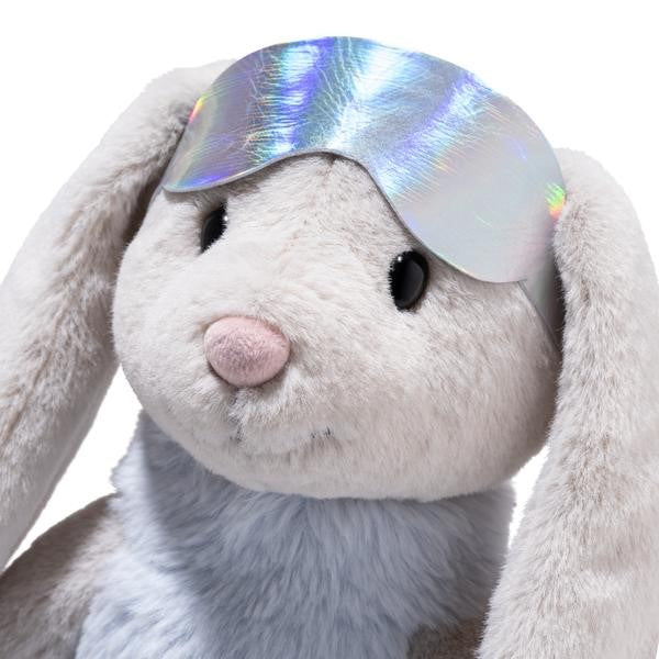 Plush bunny with a shiny silver visor on a white background