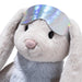Plush bunny with a shiny silver visor on a white background