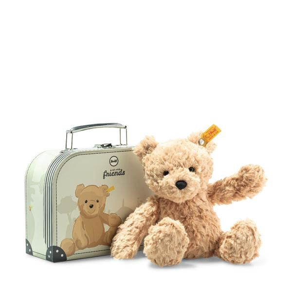 Teddy bear with a suitcase on a white background