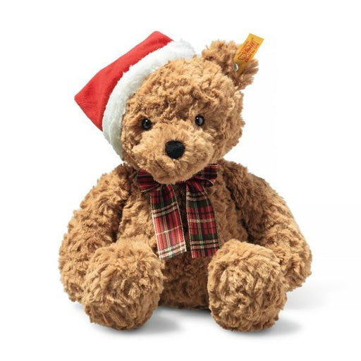 Plush teddy bear wearing a Santa hat and plaid scarf on a white background