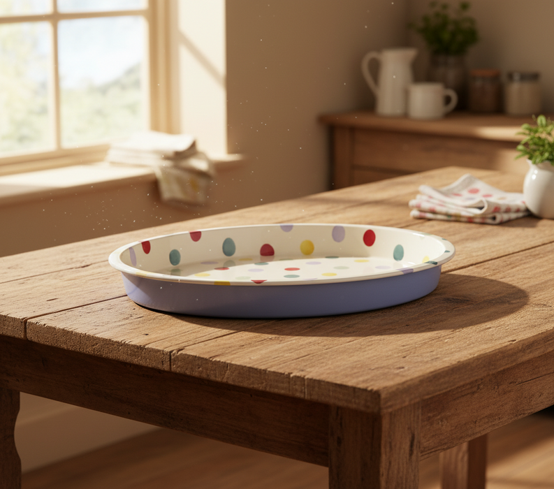 Polka dot baking dish on a wooden table with a bright window in the background